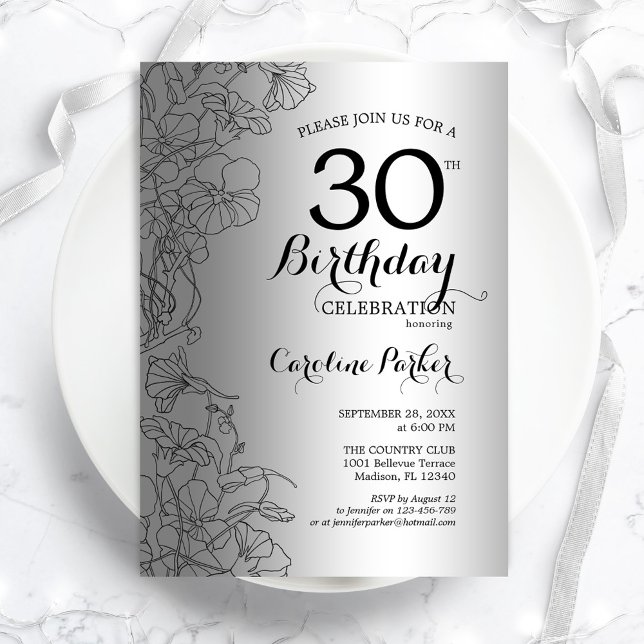 Silver Black Floral 30th Birthday Party Invitation (Creator Uploaded)