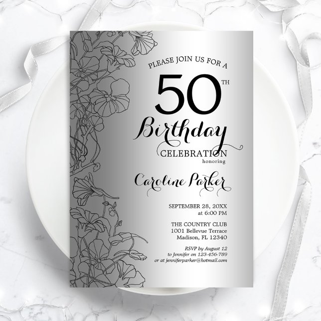 Silver Black Floral 50th Birthday Party Invitation (Creator Uploaded)
