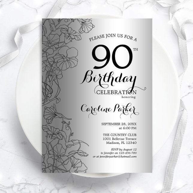 Silver Black Floral 90th Birthday Party Invitation (Creator Uploaded)