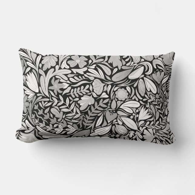 Silver Black Floral Leaves Illustration Pattern Lumbar Cushion (Front)