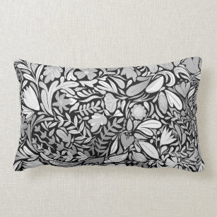 Silver Black Floral Leaves Illustration Pattern Lumbar Cushion