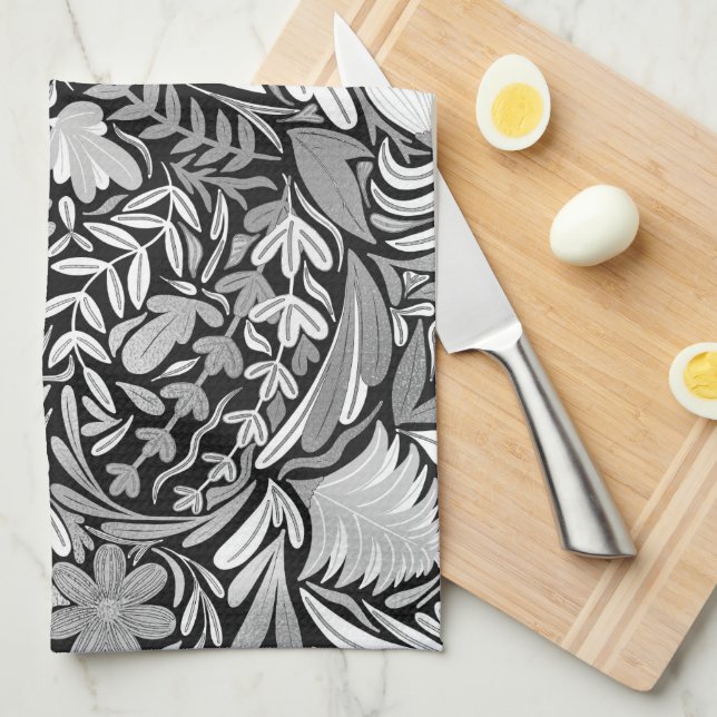 Silver Black Floral Leaves Illustration Pattern Tea Towel (Quarter Fold)