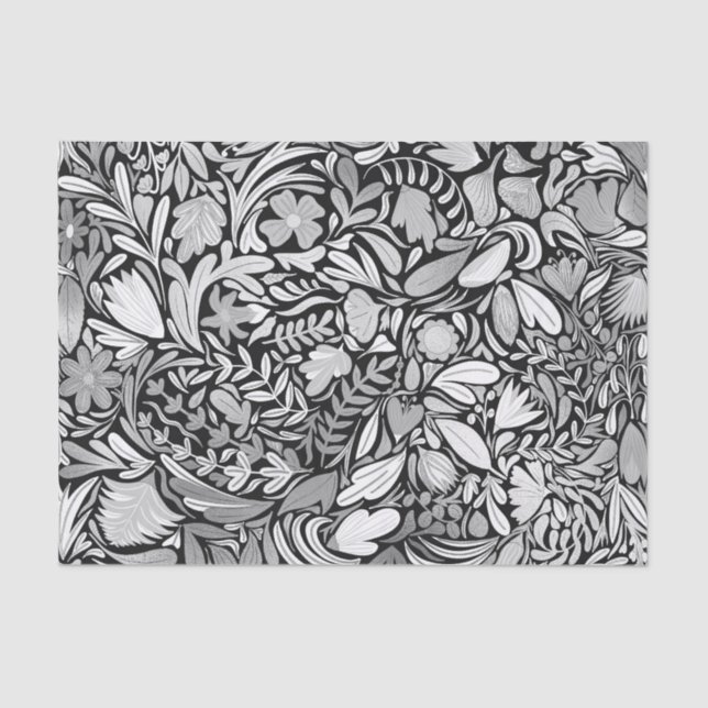 Silver Black Floral Leaves Illustration Pattern Tissue Paper (Front)