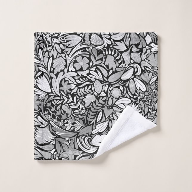Silver Black Floral Leaves Illustration Pattern Wash Cloth (Wash Cloth)