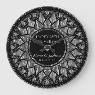 Silver & Black Floral Mandala Wedding Anniversary Large Clock
