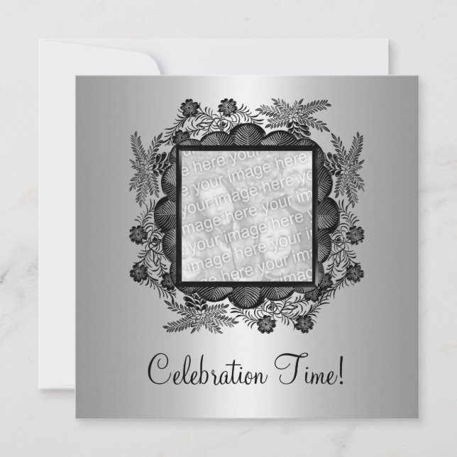 Silver Black Floral Photo Frame 50th Birthday 2 Invitation (Front)