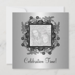 Silver Black Floral Photo Frame 50th Birthday 2 Invitation