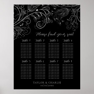 Silver Black Floral Wedding 8 Tables Seating Chart