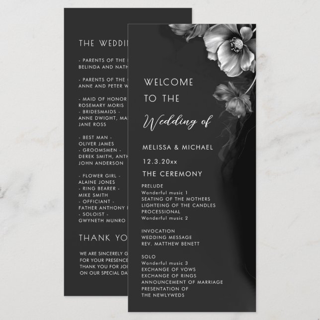 Silver Black Floral Wedding Programme (Front/Back)