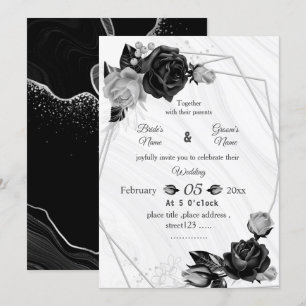 silver & black flowers botanical geometric wedding invitation