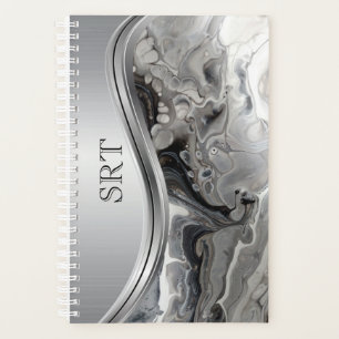 Silver Black Fluid Art Metal Monogrammed Planner