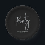 Silver & Black Forty Lettering 40th birthday Paper Plate<br><div class="desc">This simple custom paper plate will add stylish detail to the modern 40th birthday. This design features silver chic lettering "Forty" with custom text. Matching invitations and party supplies are available in my shop BaraBomDesign.</div>