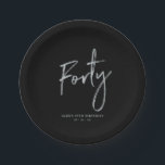 Silver & Black Forty Lettering 40th birthday Paper Plate<br><div class="desc">This simple custom paper plate will add stylish detail to the modern 40th birthday. This design features silver chic lettering "Forty" with custom text. Matching invitations and party supplies are available in my shop BaraBomDesign.</div>