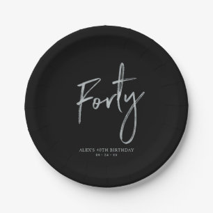Silver & Black Forty Lettering 40th birthday Paper Plate