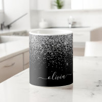 Silver Black Girly Glitter Sparkle Monogram Name