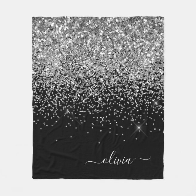 Silver Black Girly Glitter Sparkle Monogram Name Fleece Blanket (Front)