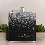 Silver Black Girly Glitter Sparkle Monogram Name Hip Flask<br><div class="desc">Silver and Black Faux Sparkle Glitter Monogram Name and Initial Party Flask. This makes the perfect sweet 16 birthday,  wedding,  bridal shower,  anniversary,  baby shower or bachelorette party gift for someone that loves glam luxury and chic styles.</div>