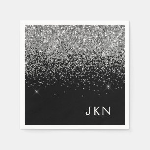 Silver Black Girly Glitter Sparkle Monogram Name Napkin