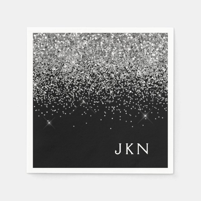 Silver Black Girly Glitter Sparkle Monogram Name Napkin (Front)