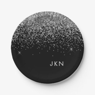 Silver Black Girly Glitter Sparkle Monogram Name Paper Plate