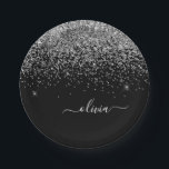 Silver Black Girly Glitter Sparkle Monogram Name Paper Plate<br><div class="desc">Silver and Black Sparkle Glitter Monogram Name and Initial Party Plates. This makes the perfect sweet 16 birthday,  wedding,  bridal shower,  anniversary,  baby shower or bachelorette party gift for someone that loves glam luxury and chic styles.</div>