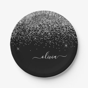 Silver Black Girly Glitter Sparkle Monogram Name Paper Plate