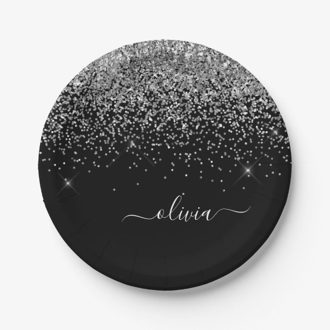 Silver Black Girly Glitter Sparkle Monogram Name Paper Plate (Front)