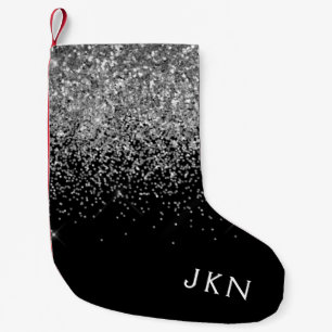 Silver Black Girly Glitter Sparkle Monogram Name Small Christmas Stocking