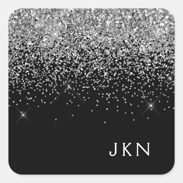 Silver Black Girly Glitter Sparkle Monogram Name Square Sticker (Front)