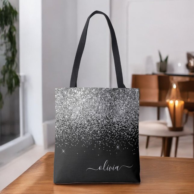 Silver Black Girly Glitter Sparkle Monogram Name Tote Bag (Creator Uploaded)