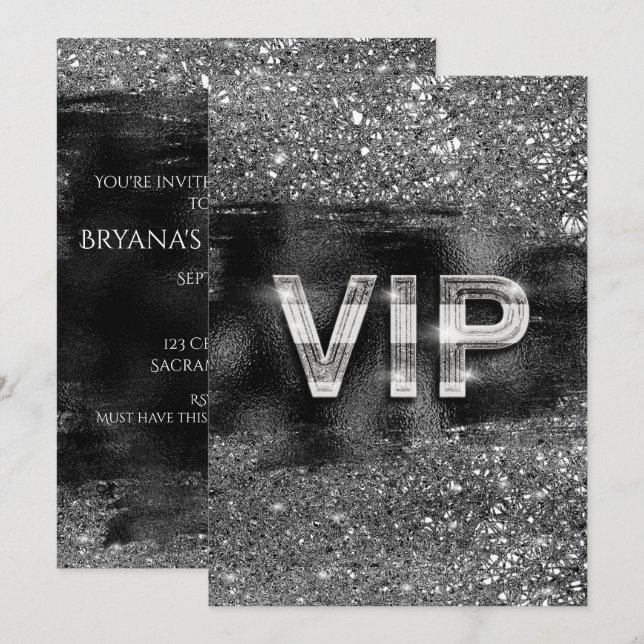 Silver Black Glam Chic Club VIP Party Invitations (Front/Back)