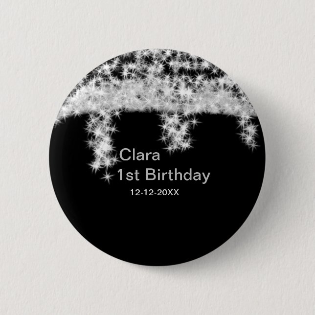Silver black glitter add name birthday date year t 6 cm round badge (Front)