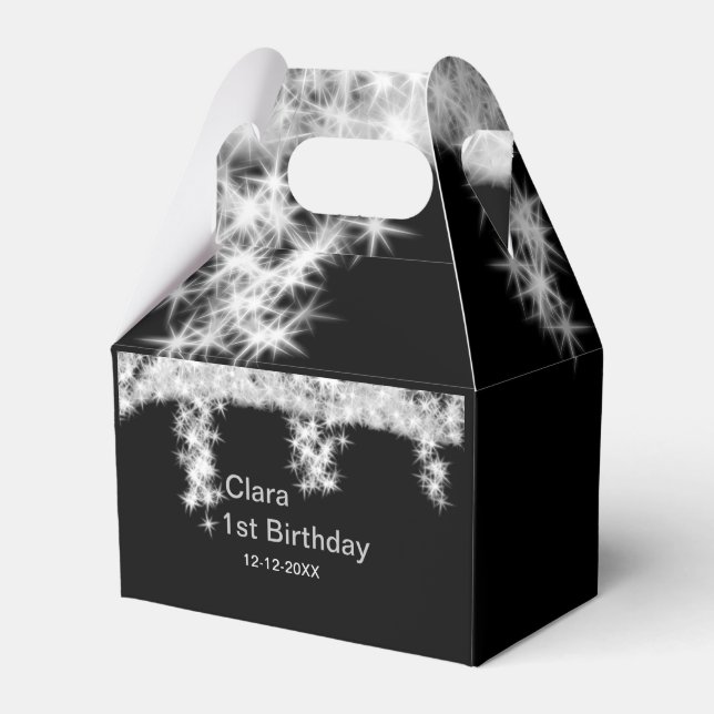 Silver black glitter add name birthday date year t favour box (Front Side)