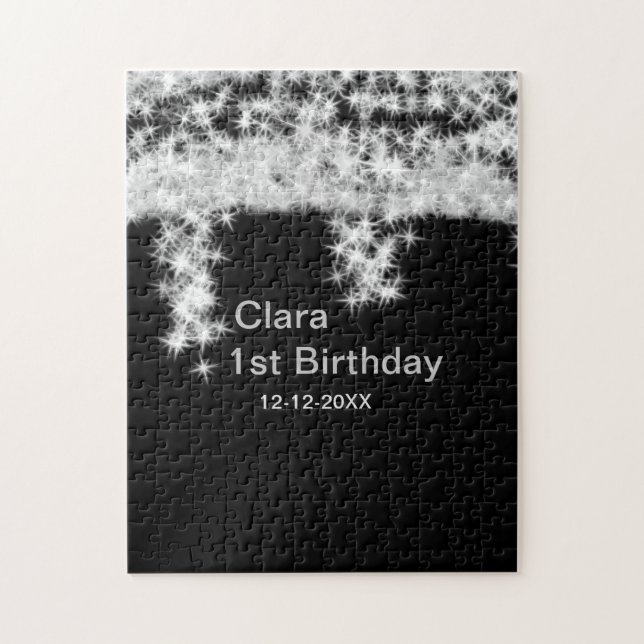 Silver black glitter add name birthday date year t jigsaw puzzle (Vertical)