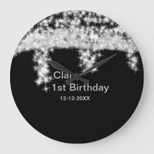 Silver black glitter add name birthday date year t large clock