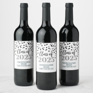 Silver Black Glitter Class of 2025 Graduation Wine Label