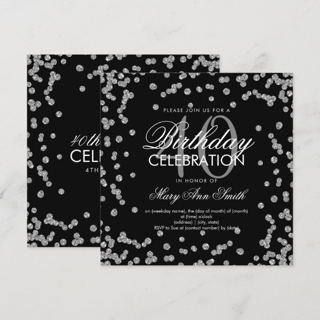 Silver Black Glitter Confetti 40th Birthday Invitation (Front/Back)