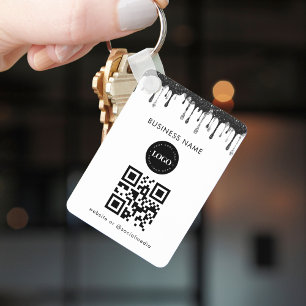 Silver Black Glitter Dripping Company Logo QR Code Key Ring