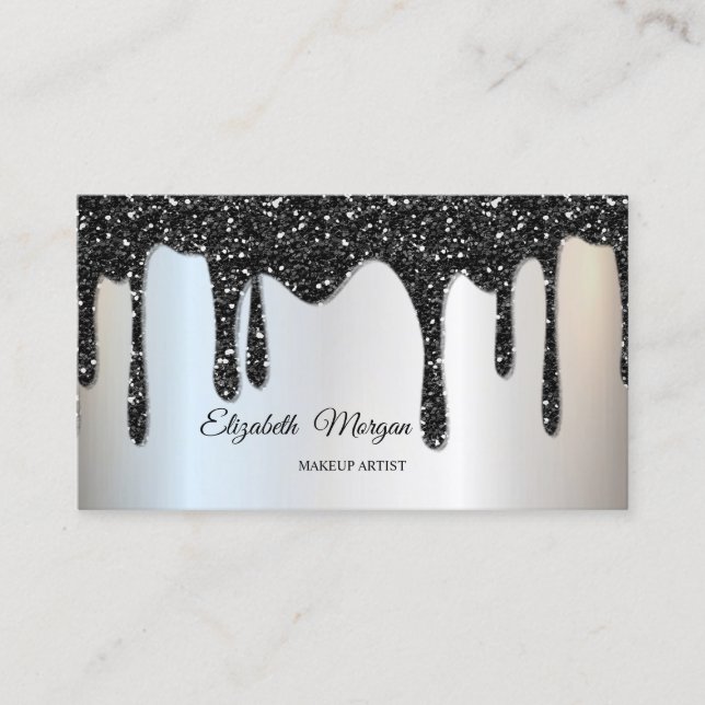 Silver Black Glitter Drops Elegant Professional Business Card (Front)