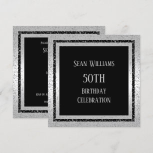 Silver & Black Glitter Framed Man's 50th Birthday Invitation