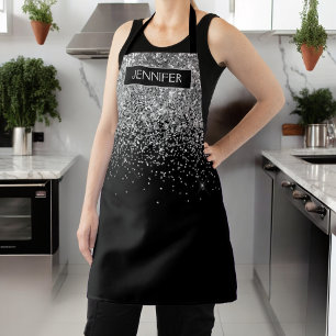 Silver Black Glitter Girly Monogram Name Apron