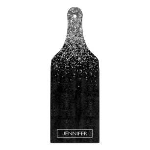Silver Black Glitter Girly Monogram Name Cutting Board