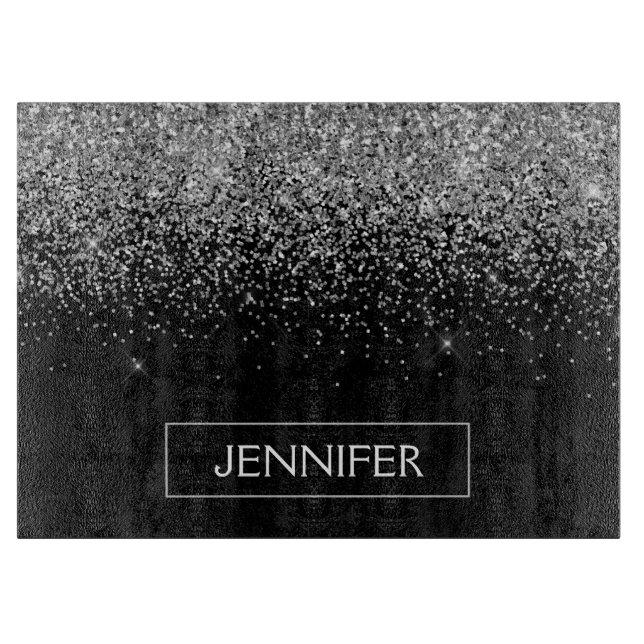 Silver Black Glitter Girly Monogram Name Cutting Board (Front)