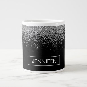 Silver Black Glitter Girly Monogram Name Large Coffee Mug