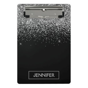 Silver Black Glitter Girly Monogram Name Mini Clipboard