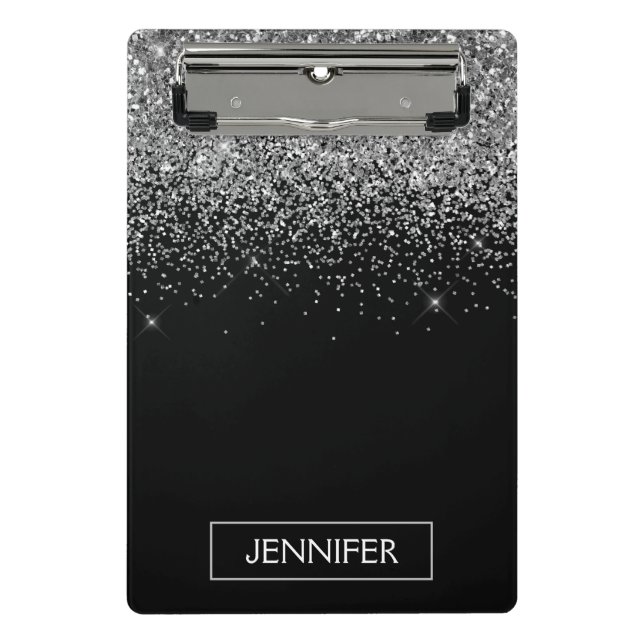 Silver Black Glitter Girly Monogram Name Mini Clipboard (Front)