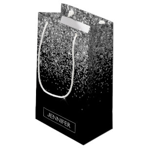 Silver Black Glitter Girly Monogram Name Small Gift Bag
