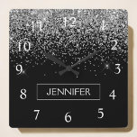 Silver Black Glitter Girly Monogram Name Square Wall Clock<br><div class="desc">Silver and Black Sparkle Glitter Monogram Name Clock. This makes the perfect sweet 16 birthday,  wedding,  bridal shower,  anniversary,  baby shower or bachelorette party gift for someone that loves glam luxury and chic styles.</div>