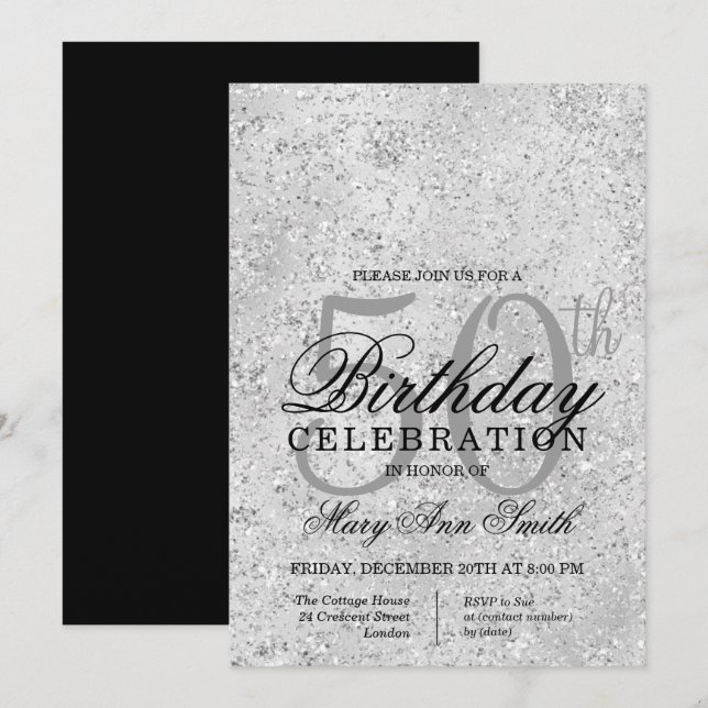 Silver & Black Glitter Glam 50th Birthday Party Invitation (Front/Back)