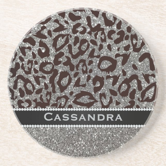 Silver & Black Glitter Leopard Print Diamonds Name Coaster (Front)